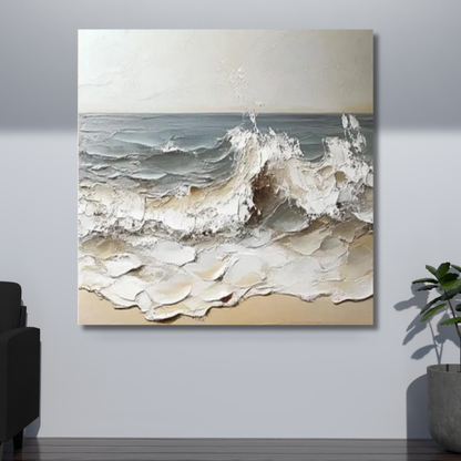 3D Textured Ocean Wave – Hand-Painted Impasto Coastal Canvas in Beige & Grey