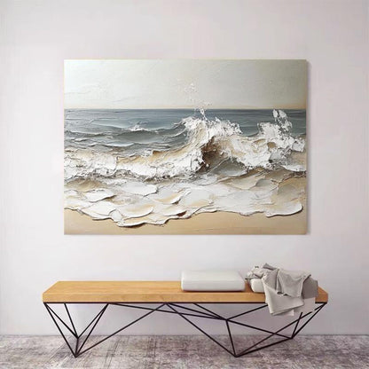 3D Textured Ocean Wave – Hand-Painted Impasto Coastal Canvas in Beige & Grey