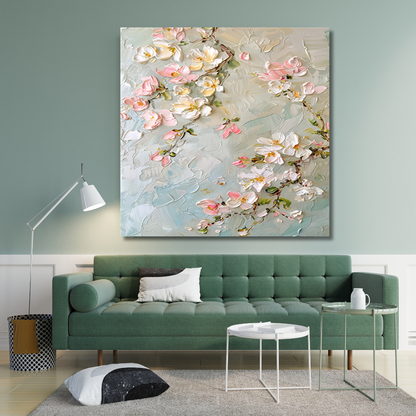 3D Cherry Blossom Wall Art – Hand-Painted Pink Floral Textured Canvas in Pastel Blue