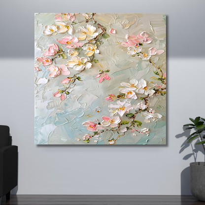 3D Cherry Blossom Wall Art – Hand-Painted Pink Floral Textured Canvas in Pastel Blue