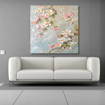 3D Cherry Blossom Wall Art – Hand-Painted Pink Floral Textured Canvas in Pastel Blue