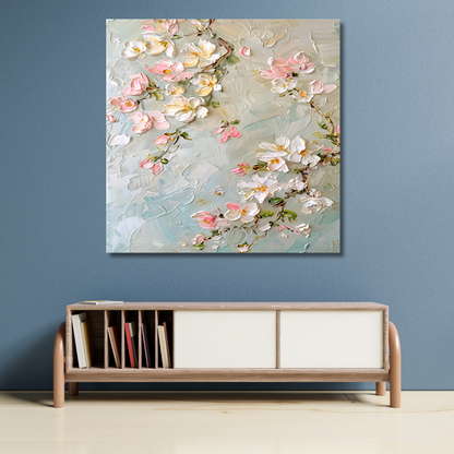 3D Cherry Blossom Wall Art – Hand-Painted Pink Floral Textured Canvas in Pastel Blue