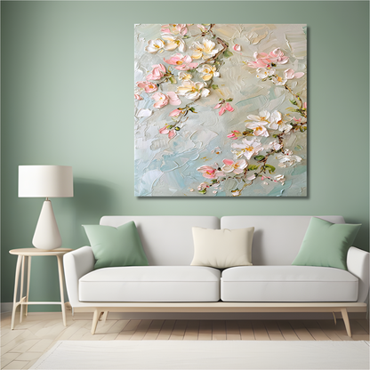 3D Cherry Blossom Wall Art – Hand-Painted Pink Floral Textured Canvas in Pastel Blue