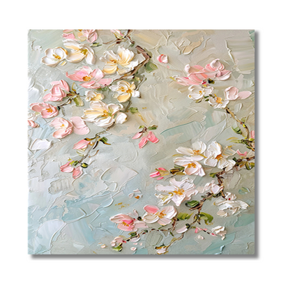3D Cherry Blossom Wall Art – Hand-Painted Pink Floral Textured Canvas in Pastel Blue