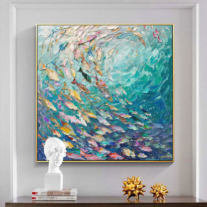 3D Textured School of Fish – Hand-Painted Ocean Vortex Impasto Wall Art