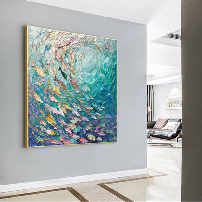 3D Textured School of Fish – Hand-Painted Ocean Vortex Impasto Wall Art