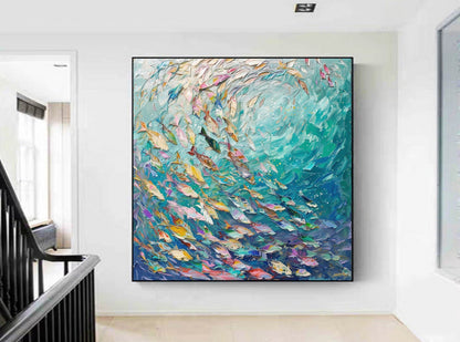 3D Textured School of Fish – Hand-Painted Ocean Vortex Impasto Wall Art