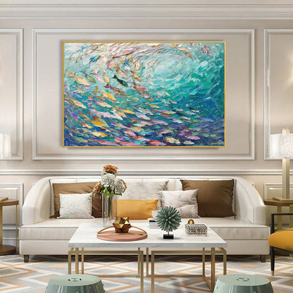 3D Textured School of Fish – Hand-Painted Ocean Vortex Impasto Wall Art