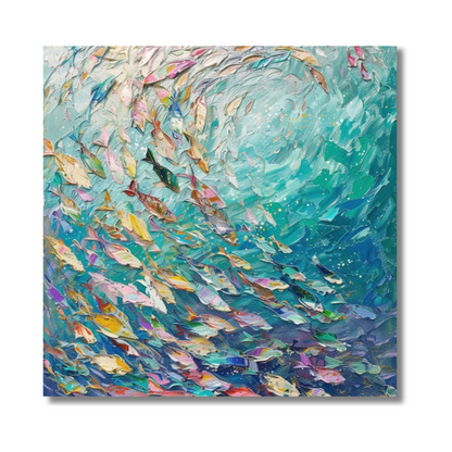 Hand-painted 3D impasto school of fish painting with swirling blue ocean vortex, textured palette knife strokes, multicolour marine wall art on canvas.
