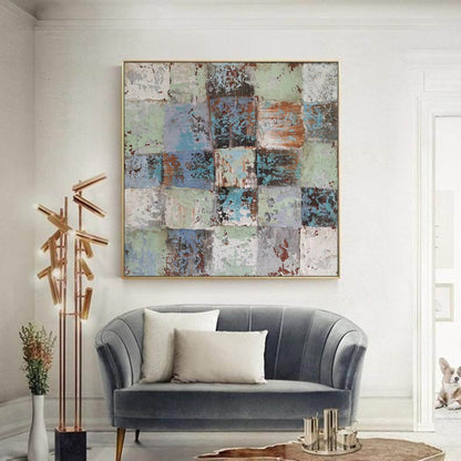 Textured Abstract Grid Wall Art – Rustic Squares in Blue, Green & Earth Tones