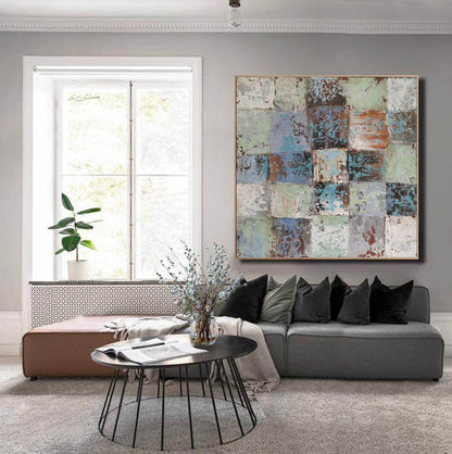 Textured Abstract Grid Wall Art – Rustic Squares in Blue, Green & Earth Tones