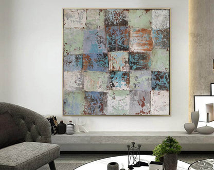 Textured Abstract Grid Wall Art – Rustic Squares in Blue, Green & Earth Tones