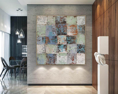 Textured Abstract Grid Wall Art – Rustic Squares in Blue, Green & Earth Tones