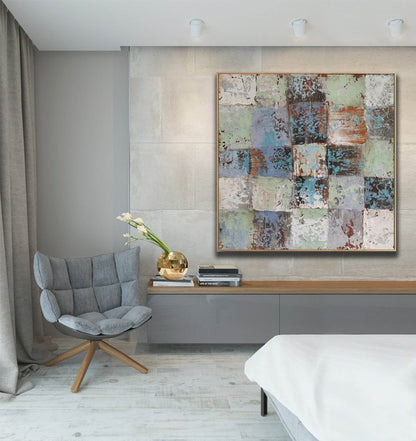 Textured Abstract Grid Wall Art – Rustic Squares in Blue, Green & Earth Tones