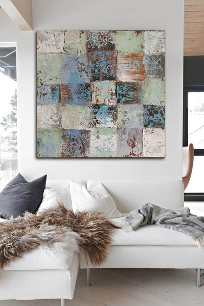 Textured Abstract Grid Wall Art – Rustic Squares in Blue, Green & Earth Tones