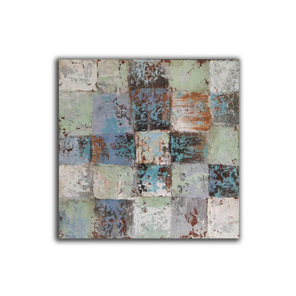 Textured Abstract Grid Wall Art – Rustic Squares in Blue, Green & Earth Tones
