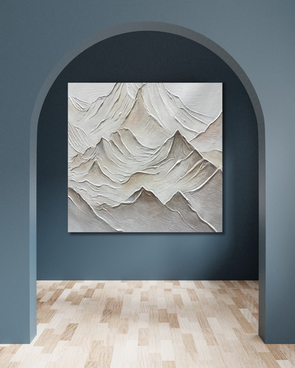 3D Neutral Textured Mountain Painting – Beige & White Minimalist Landscape Wall Art