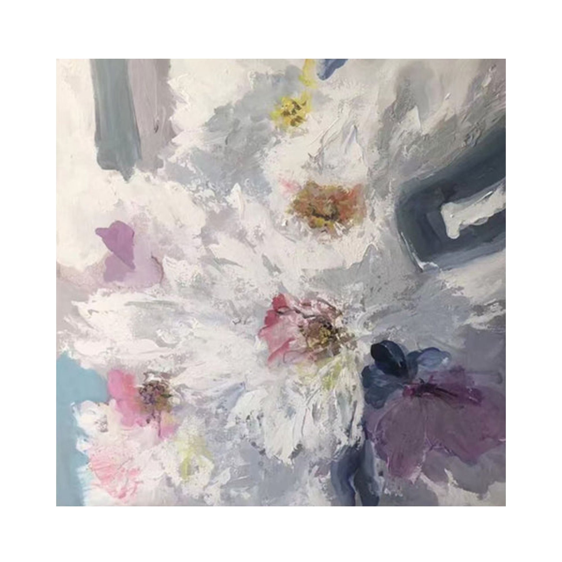 Hand-painted white floral abstract wall art with textured impasto blossoms in pastel tones