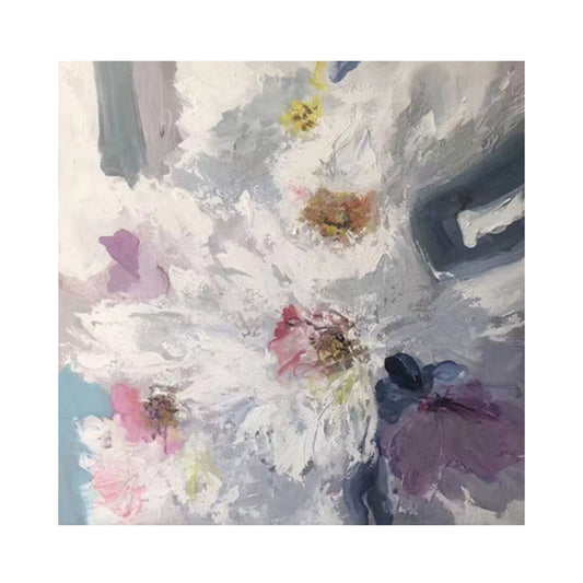 Hand-painted white floral abstract wall art with textured impasto blossoms in pastel tones