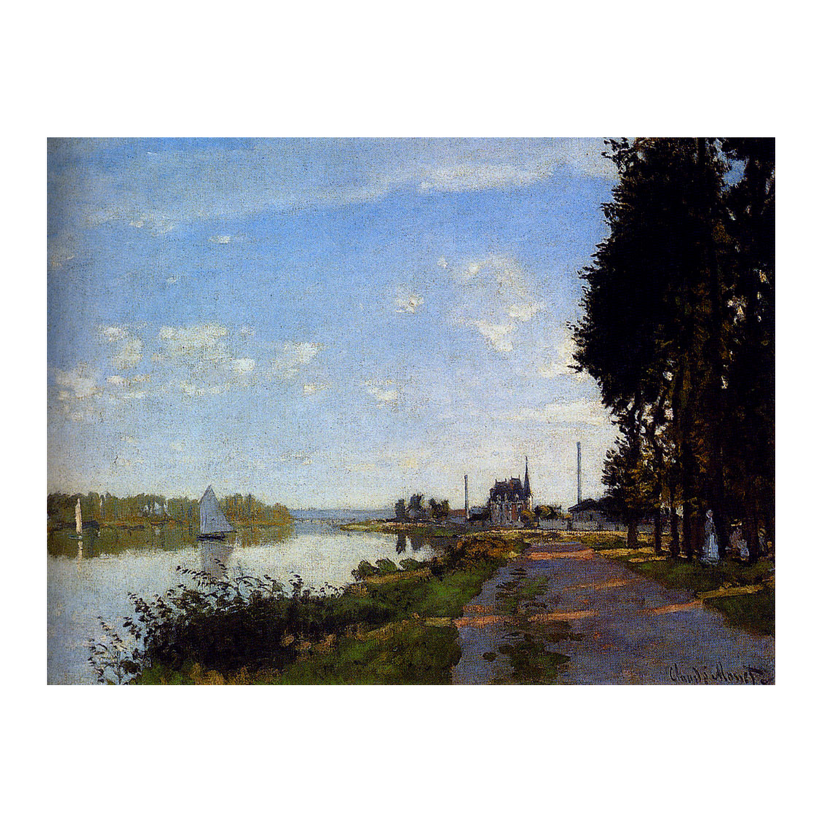 Hand-painted canvas featuring a broad river beneath a blue sky, with trees, boats and a riverside path.
