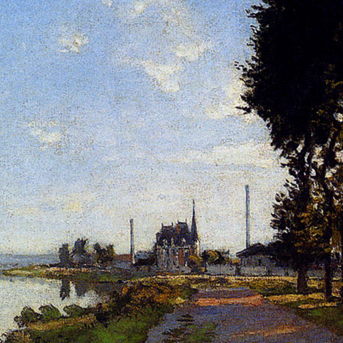 Hand-painted canvas featuring a broad river beneath a blue sky, with trees, boats and a riverside path.