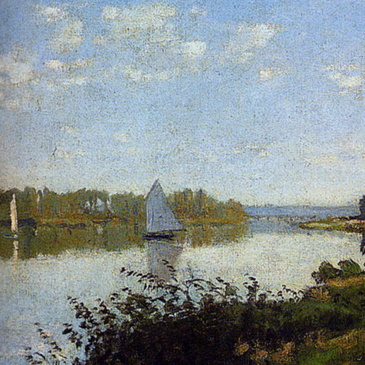Hand-painted canvas featuring a broad river beneath a blue sky, with trees, boats and a riverside path.