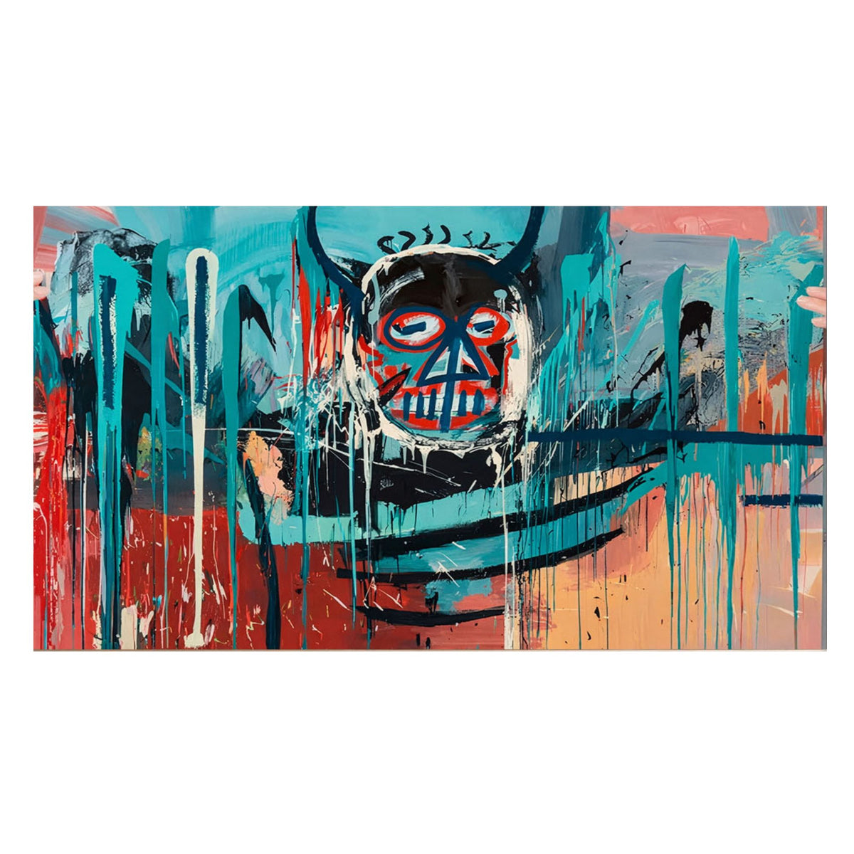 Abstract painting with vibrant colors and a central figure