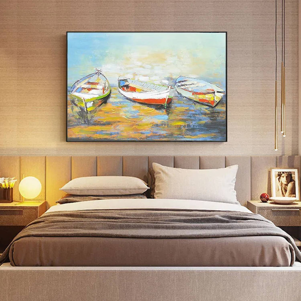 Room mockup. Three small white rowboats with green and red-orange hull accents on yellow and blue reflective water.