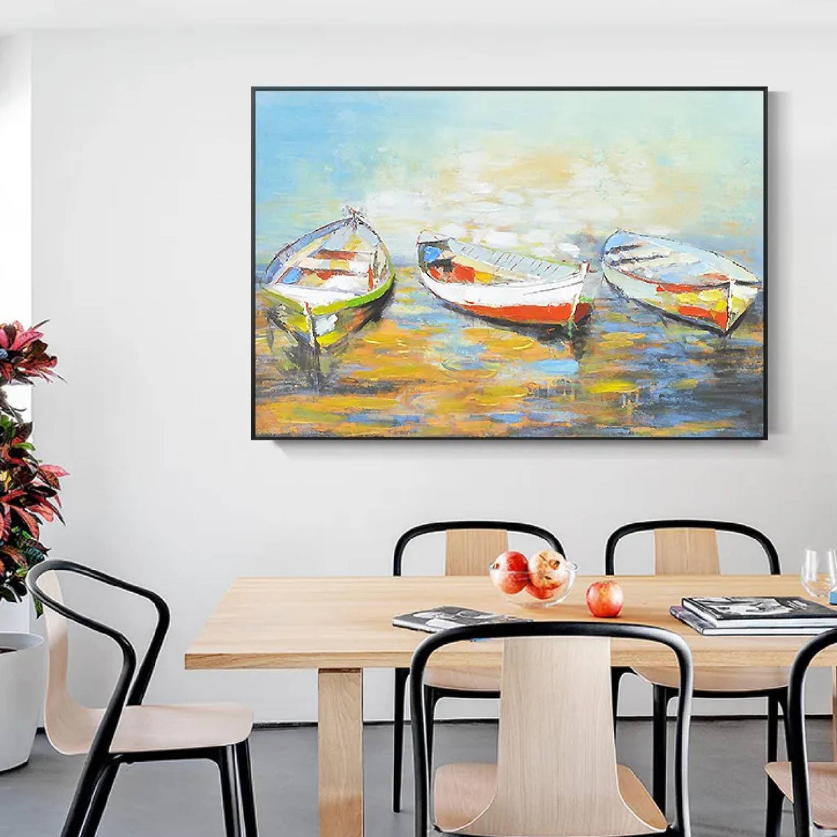 Room mockup. Three small white rowboats with green and red-orange hull accents on yellow and blue reflective water.