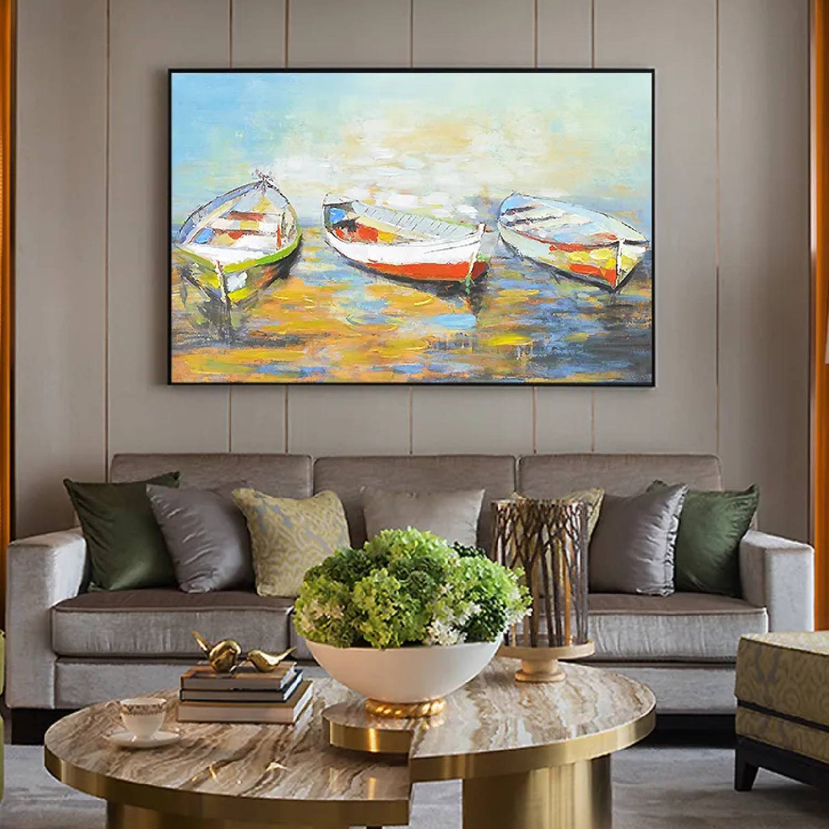 Room mockup. Three small white rowboats with green and red-orange hull accents on yellow and blue reflective water.