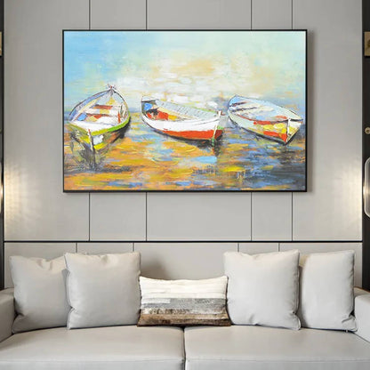 Room mockup. Three small white rowboats with green and red-orange hull accents on yellow and blue reflective water.