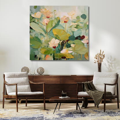 Abstract painting of green botanical elements and lotus flowers, displayed above a wooden console table in a room with two armchairs and a rug.