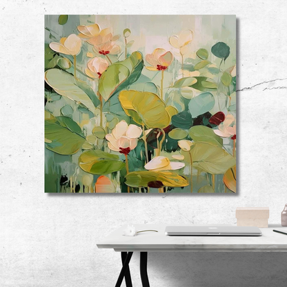 Floral painting on a white wall above a desk