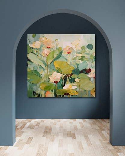 Floral painting on a dark blue wall with wooden floor.