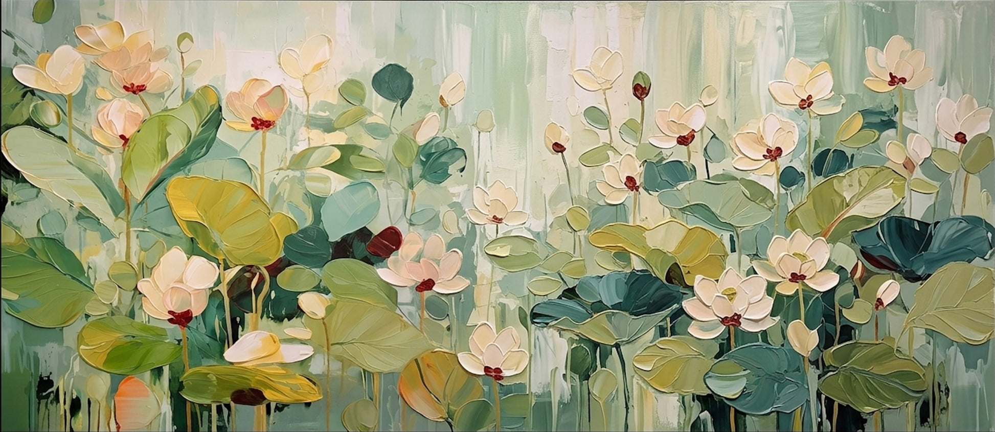 Impasto palette knife lotus flower painting with textured green leaves and soft blush blooms on canvas