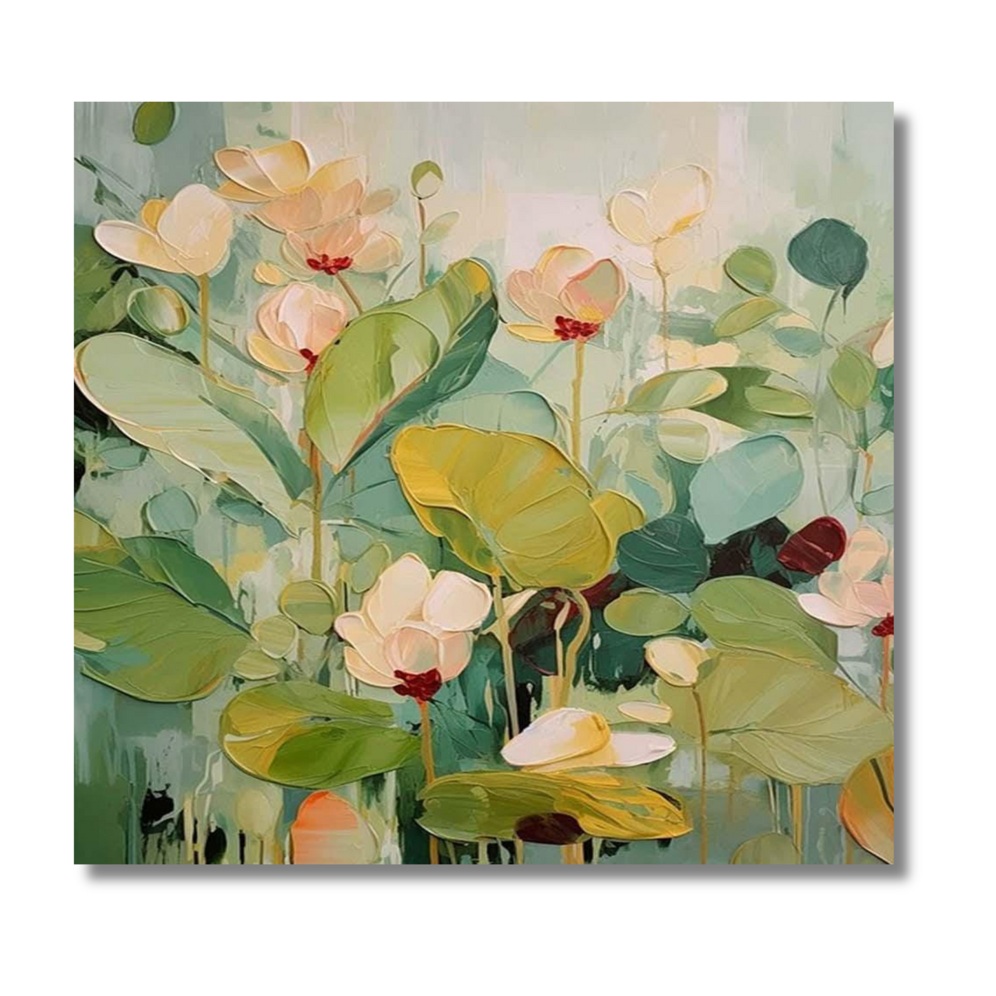 Floral painting with green and beige tones on a white background