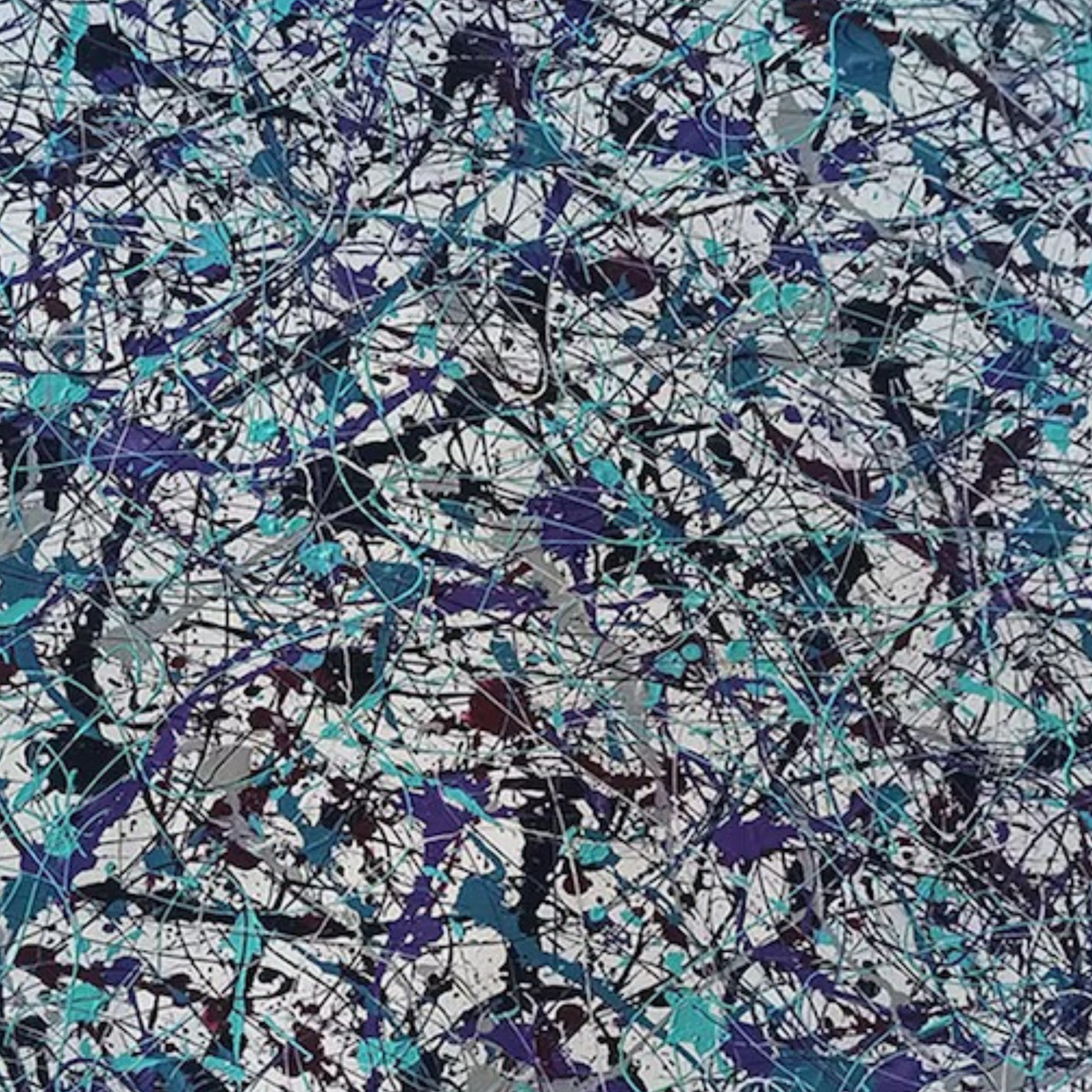 Detail of turquoise, purple and black drips interwoven across a pale ground.