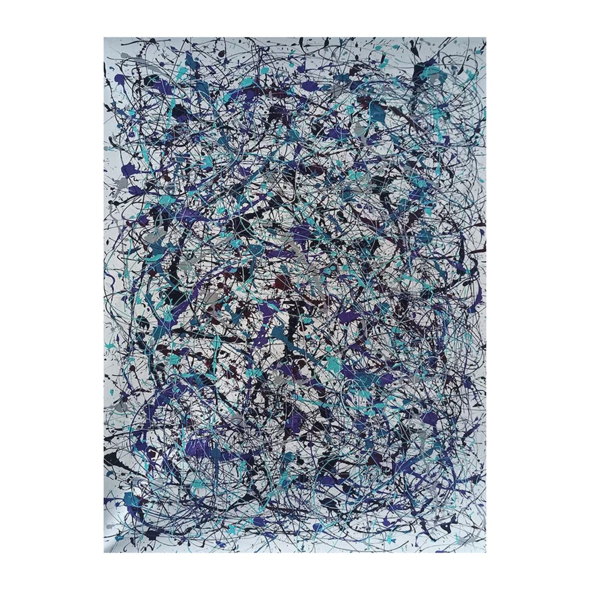 Hand-painted canvas showing turquoise, purple and black drips interwoven across a pale ground.