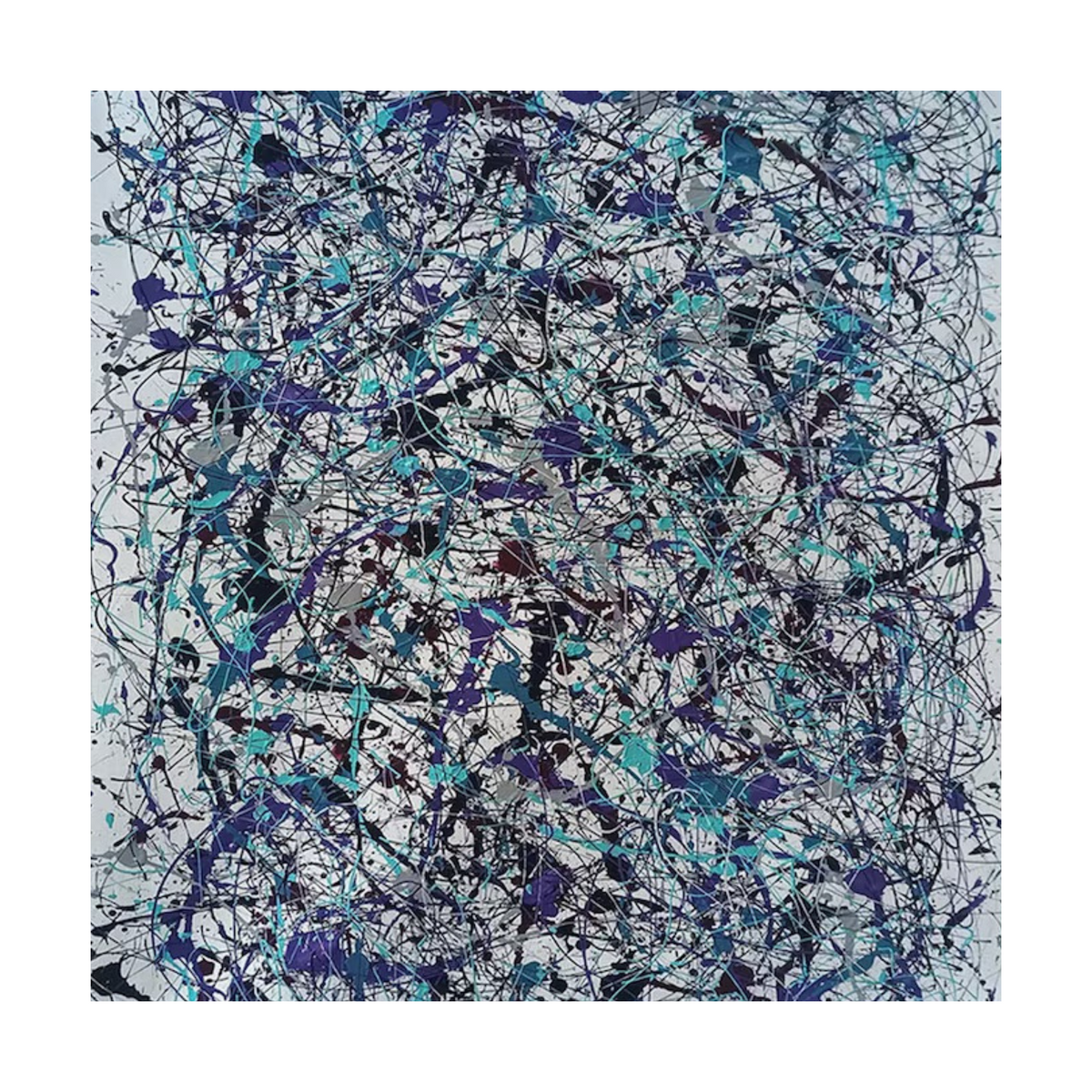 Square crop showing turquoise, purple and black drips interwoven across a pale ground.