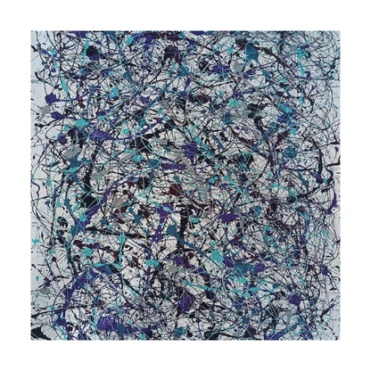 Square crop showing turquoise, purple and black drips interwoven across a pale ground.
