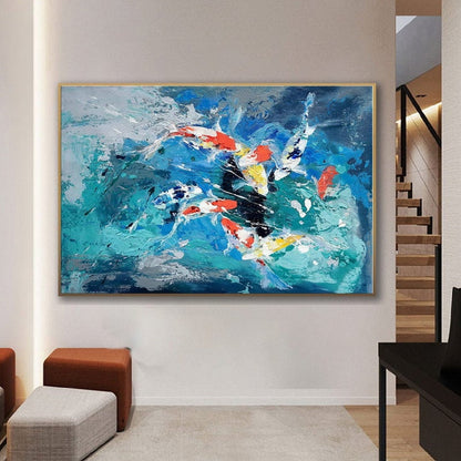 Room mockup. Energetic turquoise, blue and white strokes surround red, yellow and black accents across a horizontal abstract composition.