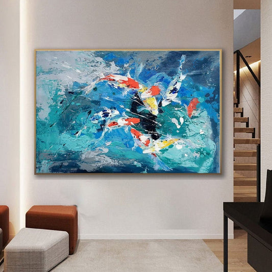 Room mockup. Energetic turquoise, blue and white strokes surround red, yellow and black accents across a horizontal abstract composition.