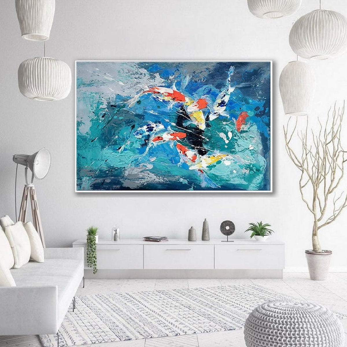 Room mockup. Energetic turquoise, blue and white strokes surround red, yellow and black accents across a horizontal abstract composition.