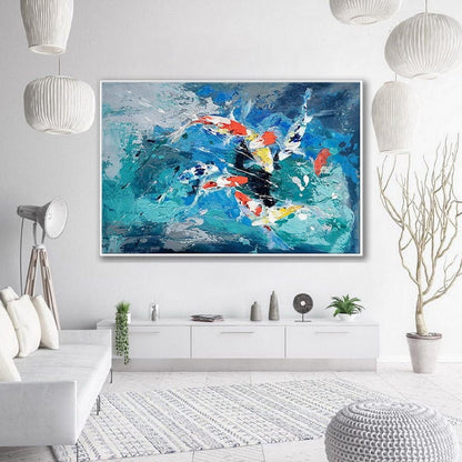 Room mockup. Energetic turquoise, blue and white strokes surround red, yellow and black accents across a horizontal abstract composition.