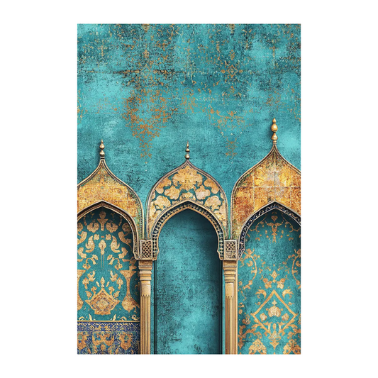 Three gold-toned Islamic arches with floral motifs against a textured turquoise background.