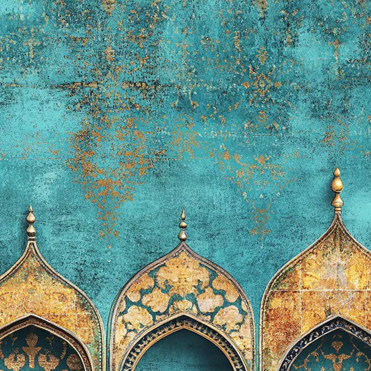 Detail of gold-toned arch finials and the distressed turquoise backdrop.