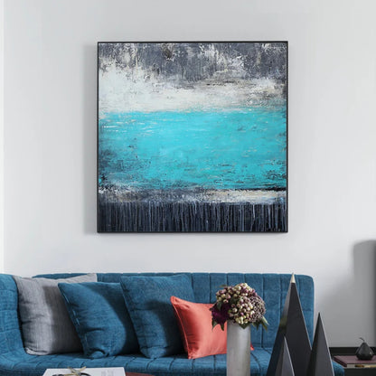 Room mockup. A bright turquoise central field lies between mottled grey upper marks and a dark lower band with fine drips.
