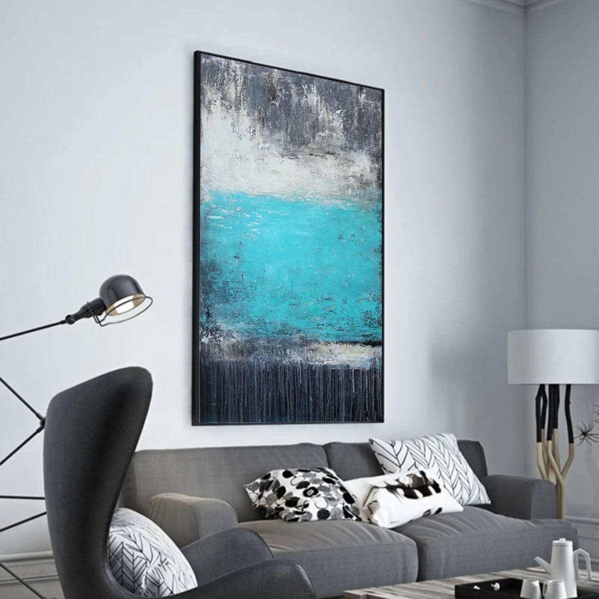 Room mockup. A bright turquoise central field lies between mottled grey upper marks and a dark lower band with fine drips.