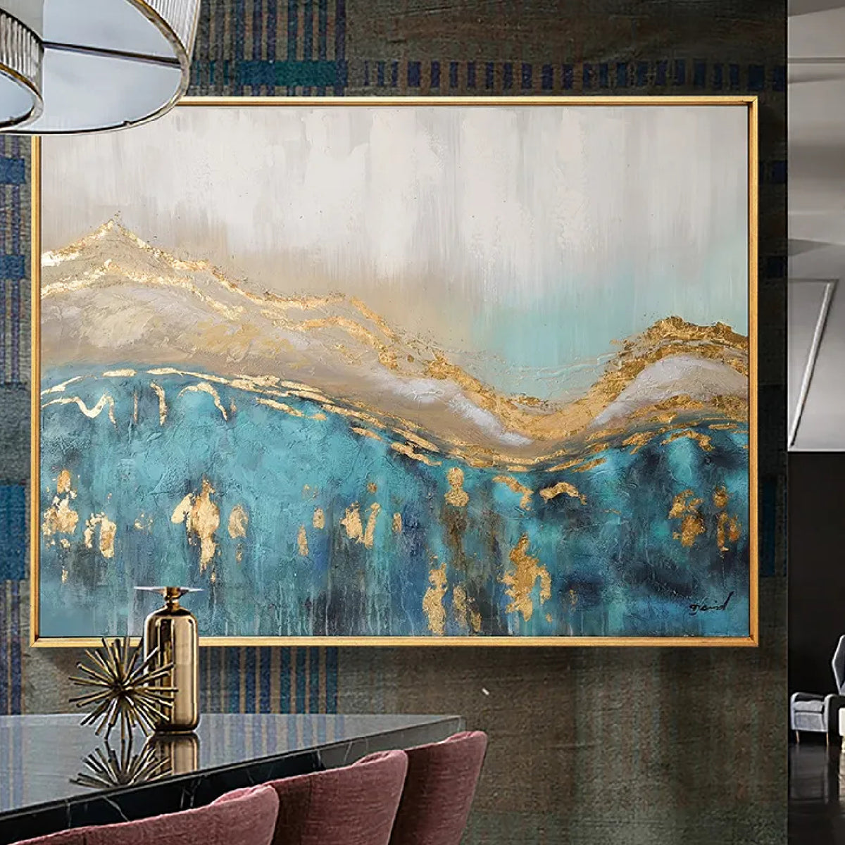 Room mockup. A layered gold-coloured wavy band separates pale grey above from deep turquoise below, with scattered metallic-looking patches.