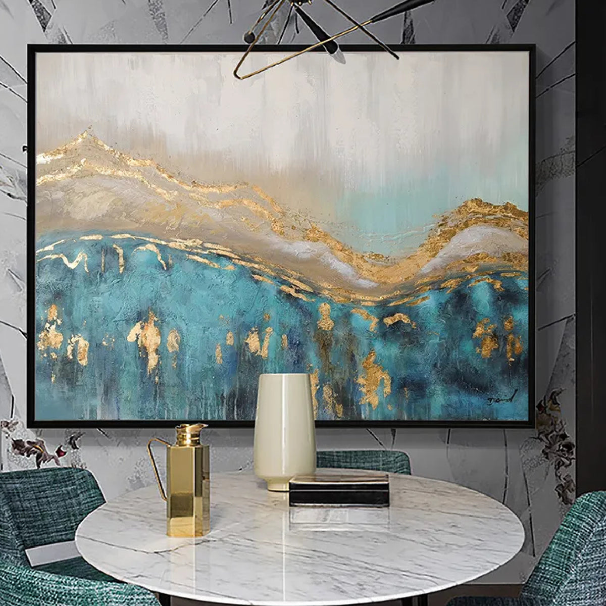 Room mockup. A layered gold-coloured wavy band separates pale grey above from deep turquoise below, with scattered metallic-looking patches.